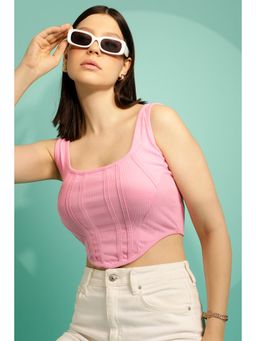 Clovia - Chic Basic Ribbed Corset Style Crop Top In Baby Pink - Cotton