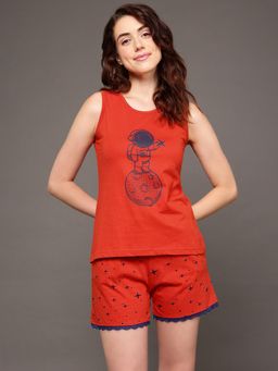 Clovia - Astronaut & Moon Print Top & Shorts Red - 100% Cotton (Set of 2)
