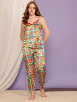 Clovia - Emoji Print Cami Top & Pyjama Multicolour - Satin (Set of 2)
