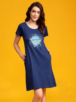 Clovia - Galaxy Print Short Night Dress In Navy - 100% Cotton