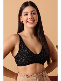 Clovia - Cotton Printed Non-Padded Demi Cup Wire Free Everyday Bra - Black