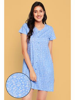 Clovia - Cotton Printed Short Night Dress Blue