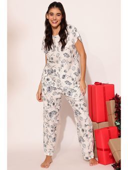 Clovia - White Rayon Printed Top and Pyjama (Set of 2)