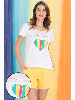 Clovia - Cotton Rich Heart Print Top & Shorts Set - White