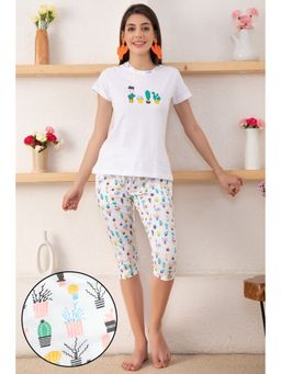 Clovia - Cotton Printed Top & Capri Set - White