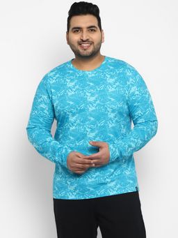 Urbano Plus - Mens Aqua Blue Printed Full Sleeve Regular Fit Cotton T-shirt