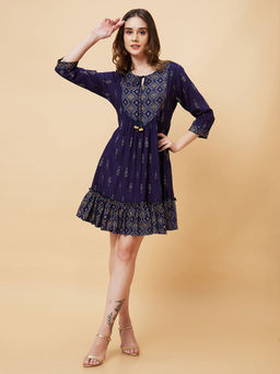 Globus - Women Blue Printed Yoke Design Gathered & Flared A-Line Dress