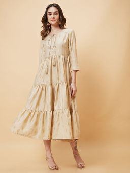 Globus - Women Cream Gold Foil Print Tiered A-Line Midi Dress
