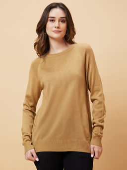 Globus - Women Coffee Brown Solid Raglan Sleeves Pullover Top