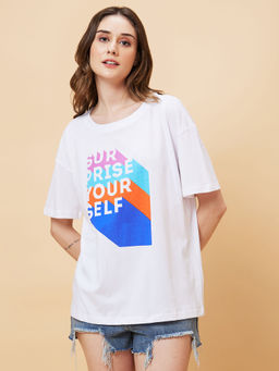 Globus - Women White Typography Print Round Neck Boxy Fit Casual T-Shirt