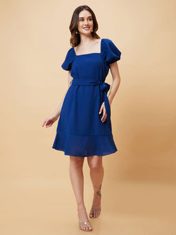 Globus - Women Navy Blue Solid Tie Up A-Line Mini Dress with Belt (Set of 2)