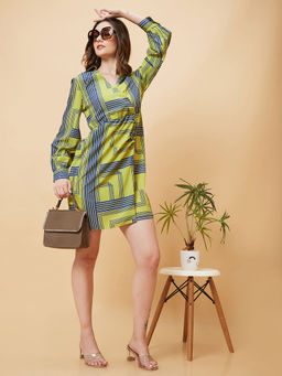 Globus - Women Green Optical Print Wrap A-Line Mini Dress