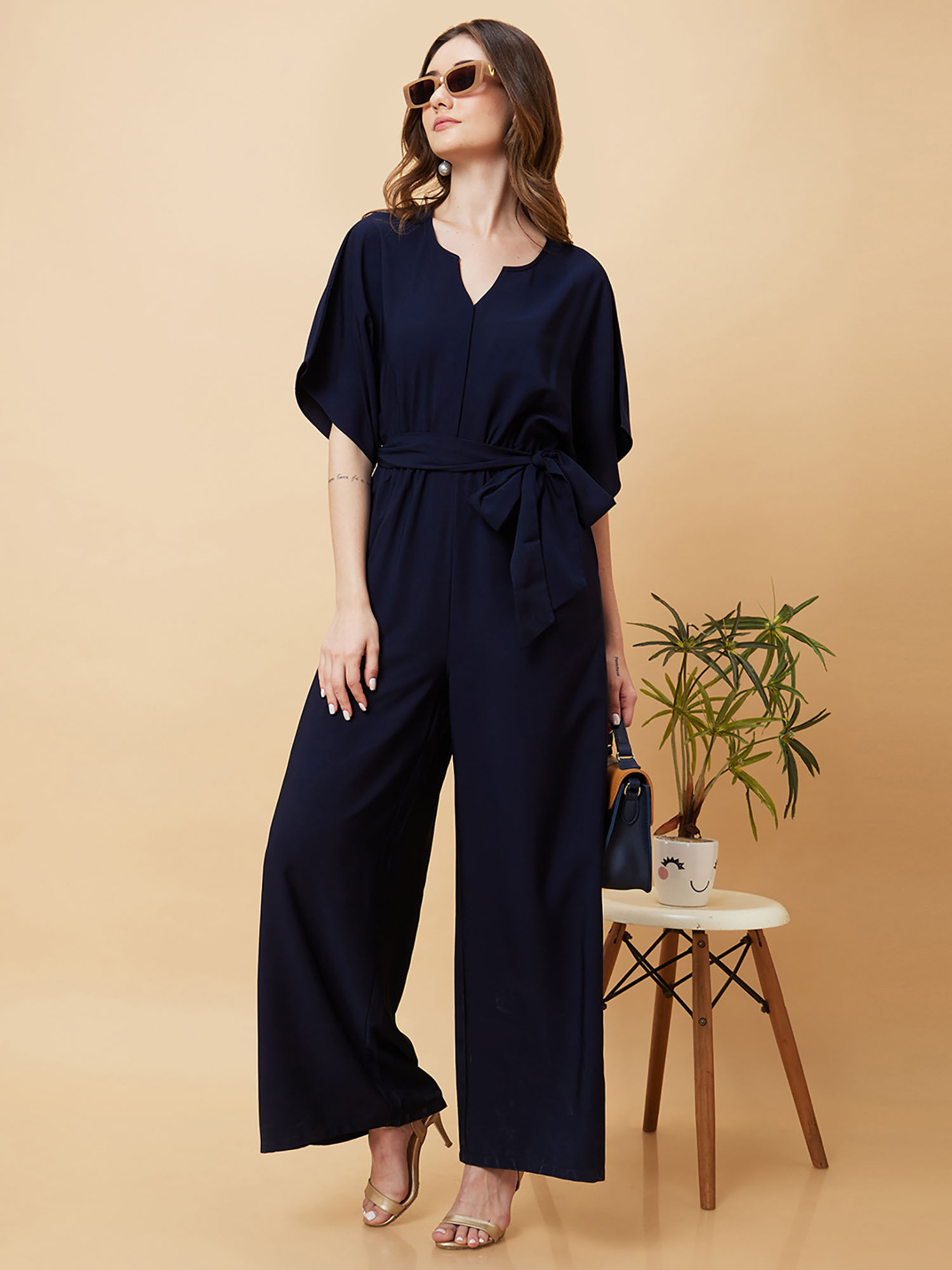 globus Women Navy Round Neck With V Cut & Kimono Sleeves Waist Tie-Up Longline Jumpsuit-picture-33