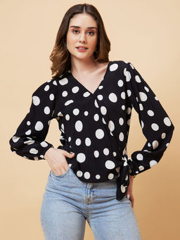 Globus - Women Black Polka Dots Print Side Tie-Up Wrap Top