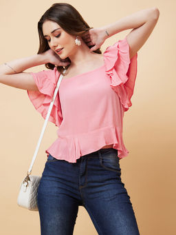 Globus - Women Pink Solid Ruffle Sleeves Top