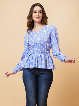 Globus - Women Blue Floral Print Smocked Top