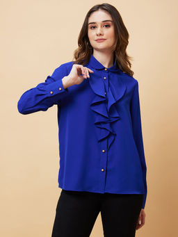 Globus - Women Blue Cuffed Sleeves Ruffles Shirt Style Top