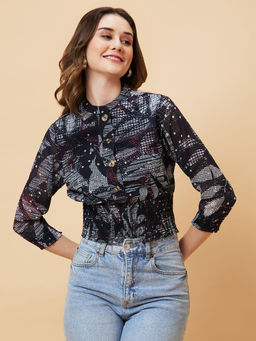 Globus - Women Black Illusion Print Smocked Crop Top