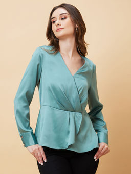 Globus - Women Green Long Cuffed Sleeves V Neck Wrap Party Top