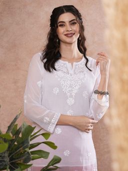 ADA - Hand Embroidered Floral Lucknowi Chikankari White Georgette Kurti With Slip (Set of 2)