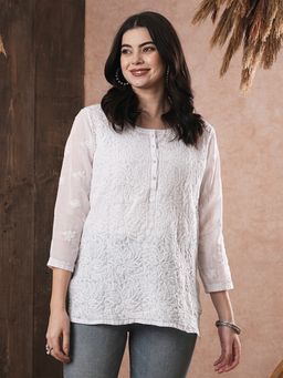 ADA - Ethnic Motifs Hand Embroidered White Cotton Chikankari Kurti [A100230]