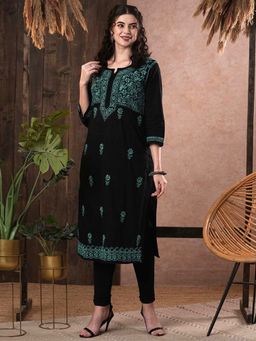 ADA - Hand Embroidered Black Cotton Lucknow Chikan Kurta (XS) (A420426)