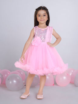 Mini Stitch - Girls Pink Net Round Neck Dress