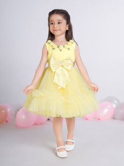 Mini Stitch - Girls Yellow Net Round Neck Dress