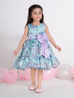 Mini Stitch - Girls Green Organza Round Neck Dress