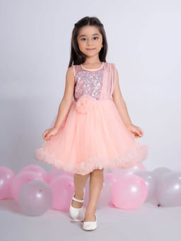 Mini Stitch - Girls Peach Net Round Neck Dress