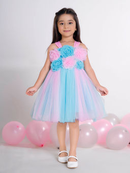 Mini Stitch - Girls Blue Net Round Neck Dress