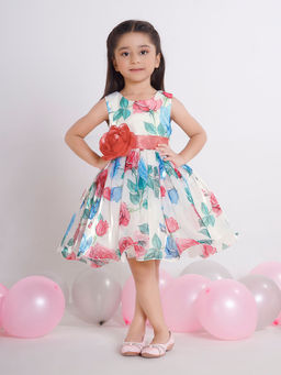 Mini Stitch - Girls Off White Organza Round Neck Dress