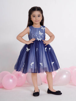 Mini Stitch - Girls Navy Blue Net Round Neck Dress