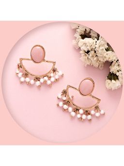 Lilly & Sparkle - Pink Stone and Pearl Studded Drop Earrings in Gold Tone Alloy