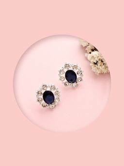 Lilly & Sparkle - Navy Blue Stone Statement Stud Earrings in Silver Tone Alloy