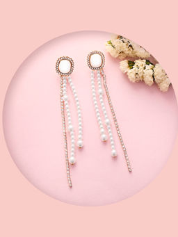 Lilly & Sparkle - Pearl and Crystal Studded Fringe Dangler Earrings in Gold Tone Alloy