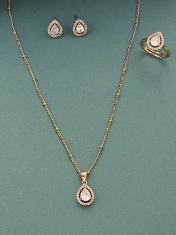 Lilly & Sparkle - Brass Gold Plated Necklace with Drop Shaped Earrings & Ring Set