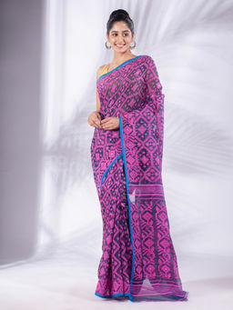 CHARUKRITI - Navy Blue and Pink Cotton Handwoven Jamdani Saree with Unstitched Blouse