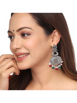 Yellow Chimes - Silver Oxidised Red Stone and Beads Drop Designed Traditional Drop Earrings