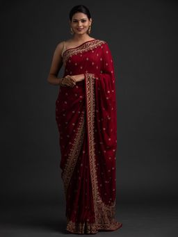 Koskii - Maroon Zariwork Raw Silk Designer Saree with Unstitched Blouse