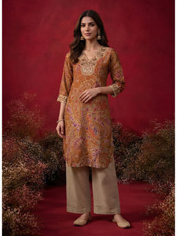 Lakshita - Mustard Printed Modal Chanderi Straight Kurta for Women