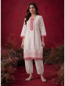 Lakshita - Women Pink Currant Embroidered Cotton Dobby Kurta with Salwar (Set of 2)