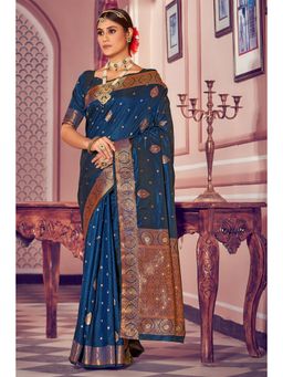 EXCLUSIVA - Navy Blue Banarasi Saree with Unstitched