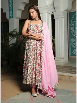 Kaori By Shreya - Ivory Floral Anarkali Suit with Baby Pink Dupatta (Set of 3)