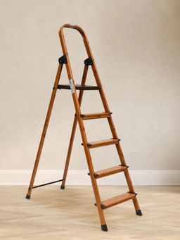 At Home by Nilkamal - 5 Steps Wooden Finished Foldable Aluminium Ladder (Brown)