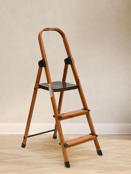 At Home by Nilkamal - 3 Steps Wooden Finished Foldable Aluminium Ladder (Brown)