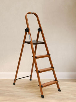 At Home by Nilkamal - 4 Steps Wooden Finished Foldable Aluminium Ladder (Brown)