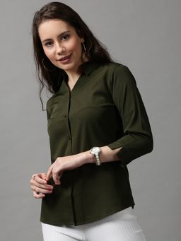 SHOWOFF - Women's Spread Collar Solid Olive Polyester Shirt