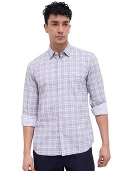 Parx - Slim Fit Medium Grey Checkered Cotton Shirt