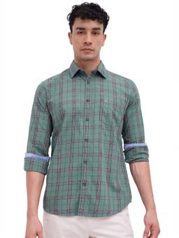 Parx - Slim Fit Dark Green Checkered Cotton Shirt